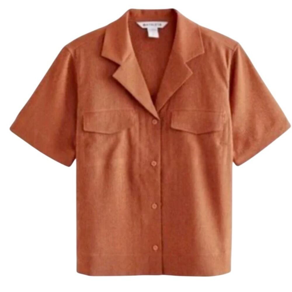 Athleta NWT Echo Top Copper Orange Button Down Short Sleeve Size Small Pockets